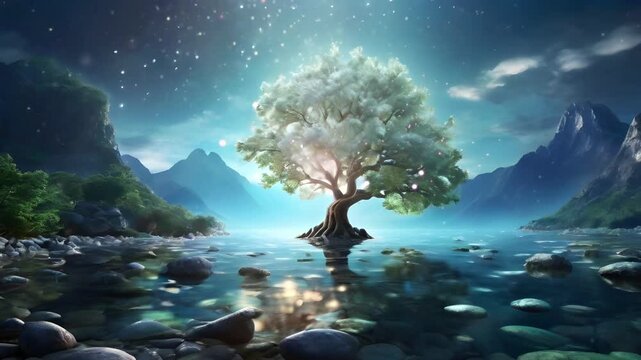 A magical tree in the middle of a fairyland lake with fireflies. Seamless 4K looping timelapse video animation background