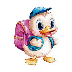 Watercolor hand drawn cute duck wearing school backpack with isolated white background