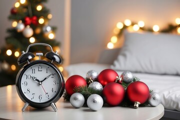 Black Alarm Clock and Christmas Ornaments on Table