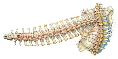 Obraz premium Intricate hand-drawn illustration of human spine anatomy in fine lines and gentle shading, isolated on a clean white background with subtle texture.