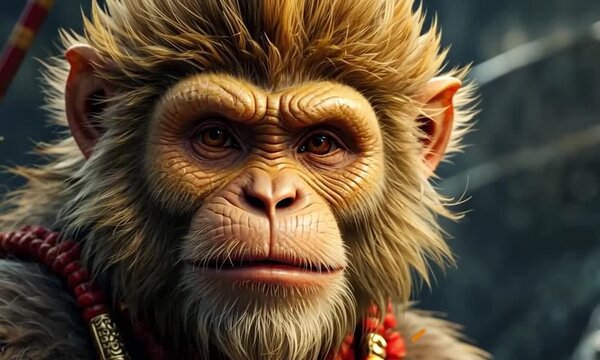 Sun Wukong is a mischievous, supernaturally powerful character with golden fur, a playful smirk and a mischievous glint in his eye. 