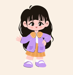 Schoolgirl girl with long dark hair. Flat vector illustration.