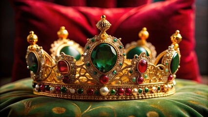 Intricately crafted golden crown adorned with sparkling diamonds, rubies, and emeralds, resting on a velvet pillow, exuding luxury and opulence.