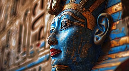 Obraz premium A close-up of an ancient Egyptian pharaoh's mask, intricately carved in blue and red hues with golden accents