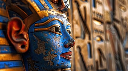 
A close-up of an ancient Egyptian pharaoh's mask, intricately carved in blue and red hues with golden accents