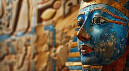 
A close-up of an ancient Egyptian pharaoh's mask, intricately carved in blue and red hues with golden accents