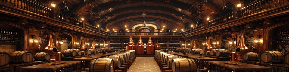 Obraz premium Luxurious vintage restaurant interior with wooden chairs and tables under elegant lighting and rich decor creating a grand dining experience