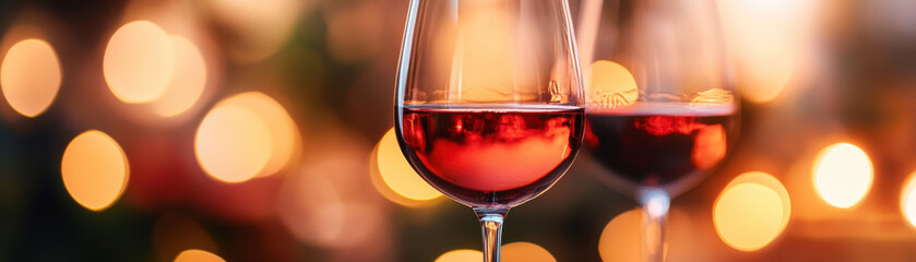 Two glasses of red wine with bokeh lights in the background, creating a warm and romantic atmosphere. Perfect for celebrations and gatherings.