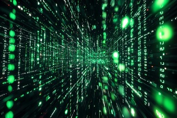 Obraz premium Green Dark Binary Code with Data Streaming Background created with Generative AI