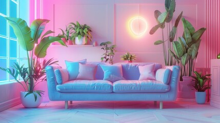 A modern living room lit by neon lights, with a minimalist design and plenty of copy space for customization. The neon lighting adds a futuristic and vibrant touch to the room.