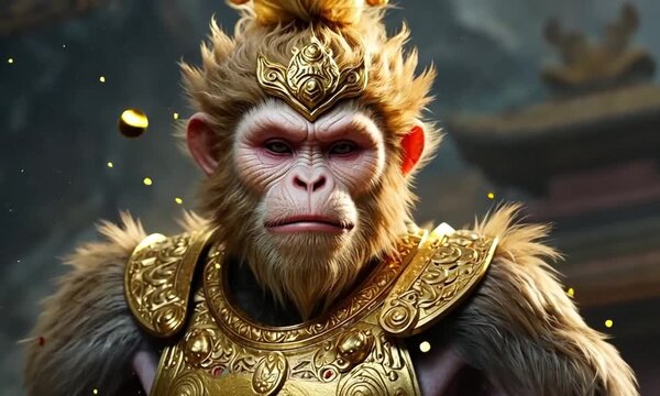 Sun Wukong is a mischievous, supernaturally powerful character with golden fur, a playful smirk and a mischievous glint in his eye. 