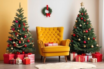 Yellow Armchair Between Two Decorated Christmas Trees