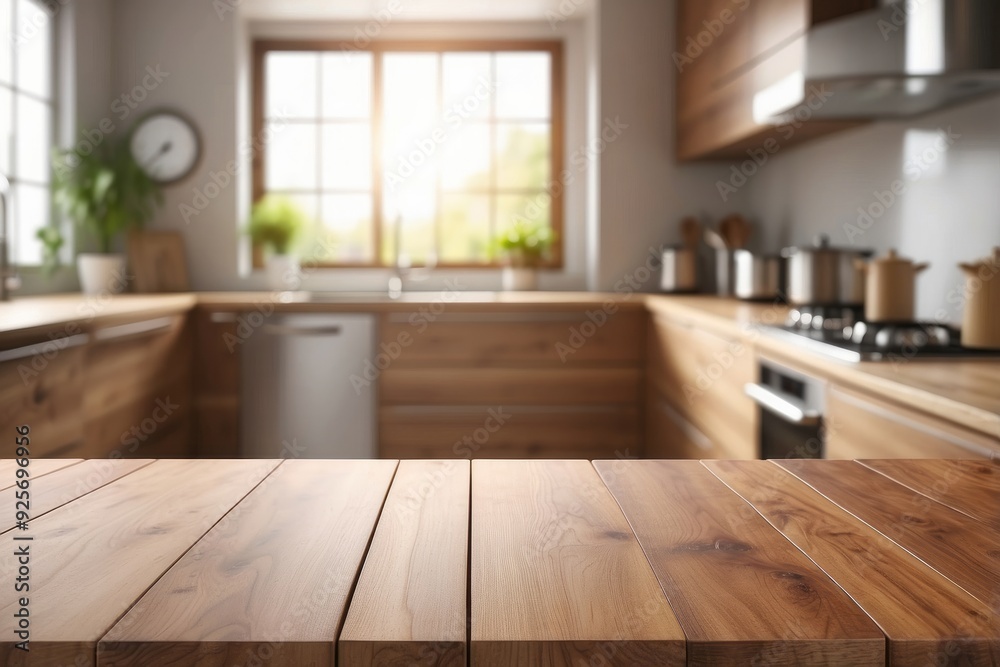 Wall mural Wooden Countertop in a Modern Kitchen with Blurred Background