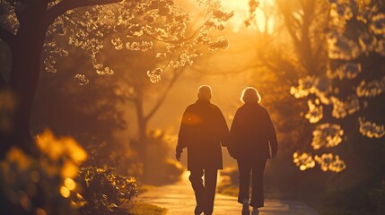 Elderly couple walking in a garden during golden hour with flowers and trees around. (1)