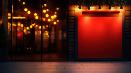 Fototapeta premium Urban night scene of a storefront with a red wall and glowing lights reflecting on the glass, creating a warm and inviting atmosphere.