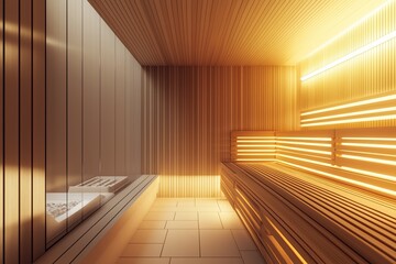 A warm, illuminated modern sauna interior, offering a luxurious environment for relaxation and wellness
