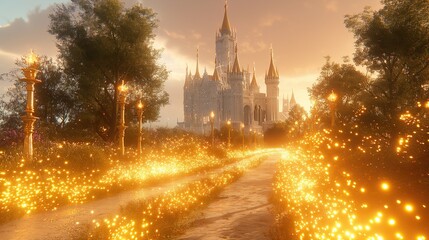 Fototapeta premium Illuminated path leading to a grand castle at sunset with glowing particles.