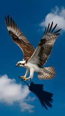 Fototapeta premium Osprey Flying with Blue Sky Background, Realistic Photo, Pattern Background, Wallpaper, Cover and Screen for Smartphone, Cell Phone, Computer, Laptop