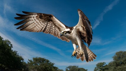 Fototapeta premium Osprey Flying with Blue Sky Background, Realistic Photo, Pattern Background, Wallpaper, Cover and Screen for Smartphone, Cell Phone, Computer, Laptop