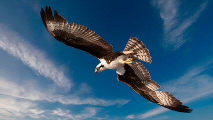 Obraz premium Osprey Flying with Blue Sky Background, Realistic Photo, Pattern Background, Wallpaper, Cover and Screen for Smartphone, Cell Phone, Computer, Laptop
