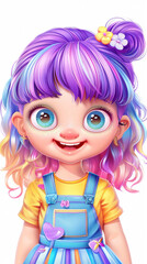 Fototapeta premium child cartoon girl animation colorful hair big eyes pink purple blue yellow smiling cheerful cute happy playful adorable vibrant rainbow hair pastel colors 