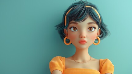 Stylized female character with blue hair and orange dress, isolated on a teal background