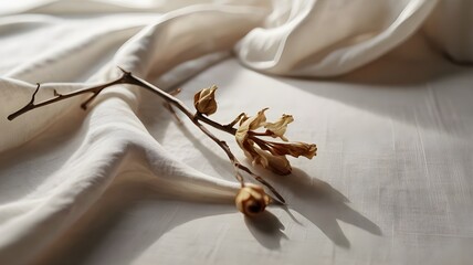Close-up Dried lavender flowers on white satin silk fabric.
