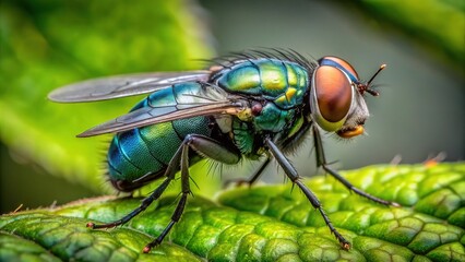 Naklejka premium Macro view of a common housefly perched on a green leaf, its compound eyes and delicate wings a mesmerizing contrast to its shiny black body.