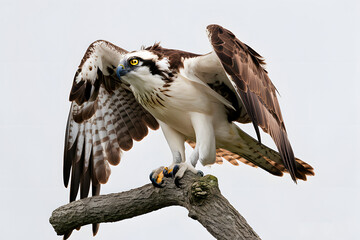 Obraz premium Osprey Perched on a Branch on a White Background, Realistic Photo, Pattern Background, Wallpaper, Cover and Screen for Smartphone, Cell Phone, Computer, Laptop