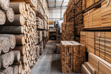 Stacked Timber and Lumber Warehouse with Assorted Wood Planks and Logs in Industrial Storage Facility for Construction and Carpentry