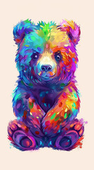 Naklejka premium bear colorful rainbow cub cute artwork illustration vibrant multicolor animal painted whimsical digital art fantasy neon 