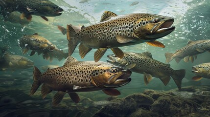 Create a photo realistic school of large brown trout in deep water, 