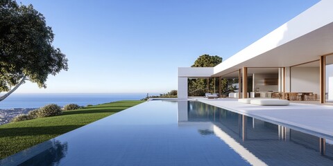 Fototapeta premium Serene Simplicity - A One-Story Minimalist Family Home with a Compact Design and Smooth Gray and White Aesthetic.