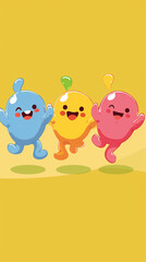 cartoon color characters happy cute fun playful blue yellow pink smile joyful cheerful bright jumping illustration kids 