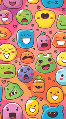 Fototapeta premium emoticons emojis cartoon faces colorful expressions cute smiley faces kawaii artwork seamless pattern children\'s design funny faces vibrant playful happy faces 