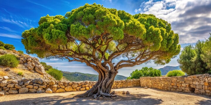 Mediterranean Mastic tree, Pistacia lentiscus, with twisted trunk and evergreen leaves, thriving in a sun-kissed landscape with rugged ancient stone walls in the background.