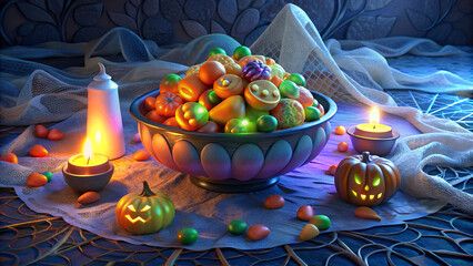 Fototapeta premium A delightful Halloween candy bowl adorned with charming JackoLanterns and glowing candles
