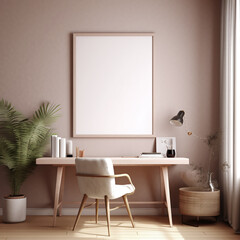 Blank Frame Mockup in Minimalist Home Office with Wooden Desk