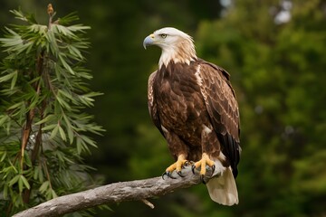 Obraz premium Golden Eagle Perched on a Branch in Nature, Realistic Photo, Pattern Background, Wallpaper, Cover and Screen for Smartphone, Cell Phone, Computer, Laptop