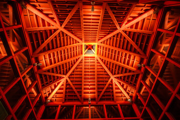 夜の赤い屋根の橋を中から撮影　東橋　富山県射水市内川　
