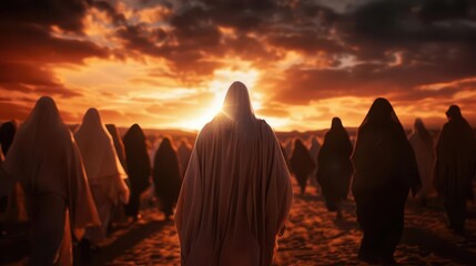 Religious journey through ancient sacred sites, pilgrims walking with devotion, creating a spiritual atmosphere, Realism, Sepia tones, Detailed