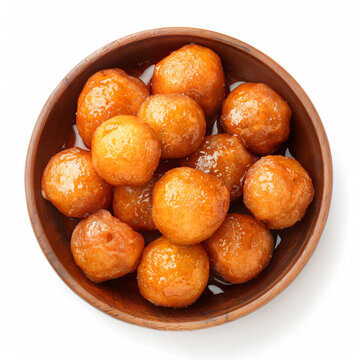 a bowl of sugared donuts on a white surface