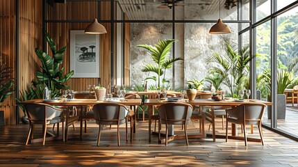 Fototapeta premium Modern dining room with green walls and wooden furniture