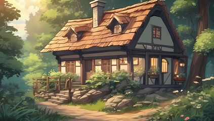 anime cartoon cottage in a mystical fantasy forest cabin background wallpaper