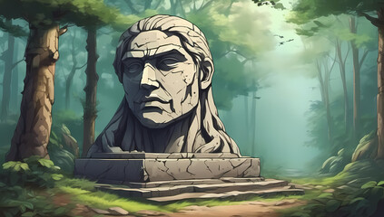 Obraz premium anime mysterious ancient stone head monument in a mystical forest wallpaper fantasy background