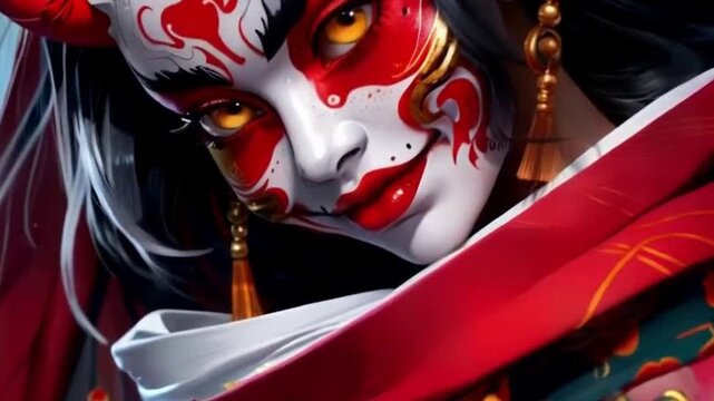 geisha girl wearing an oni mask, dressed in kimono 