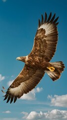 Obraz premium Golden Eagle Flying With Blue Sky Background, Realistic Photo, Pattern Background, Wallpaper, Cover and Screen for Smartphone, Cell Phone, Computer, Laptop