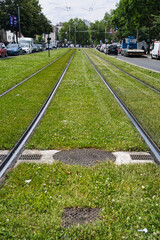 Paris, France - June 21, 2024: Tracks or lines of  Tram in Paris