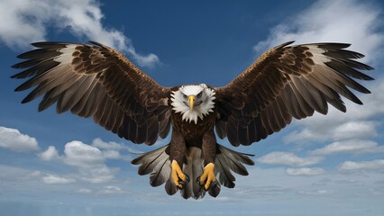 Obraz premium Golden Eagle Flying With Blue Sky Background, Realistic Photo, Pattern Background, Wallpaper, Cover and Screen for Smartphone, Cell Phone, Computer, Laptop