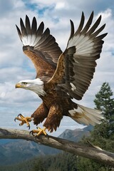 Obraz premium Golden Eagle Flying With Blue Sky Background, Realistic Photo, Pattern Background, Wallpaper, Cover and Screen for Smartphone, Cell Phone, Computer, Laptop
